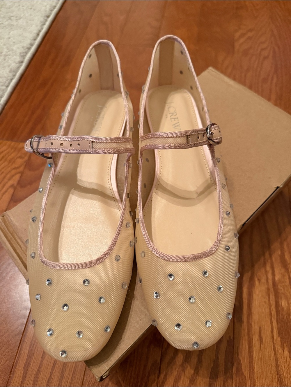 NEW J. Crew Nude Mesh Mary Jane Flats with Rhinestone Studs - Picture 2 of 5